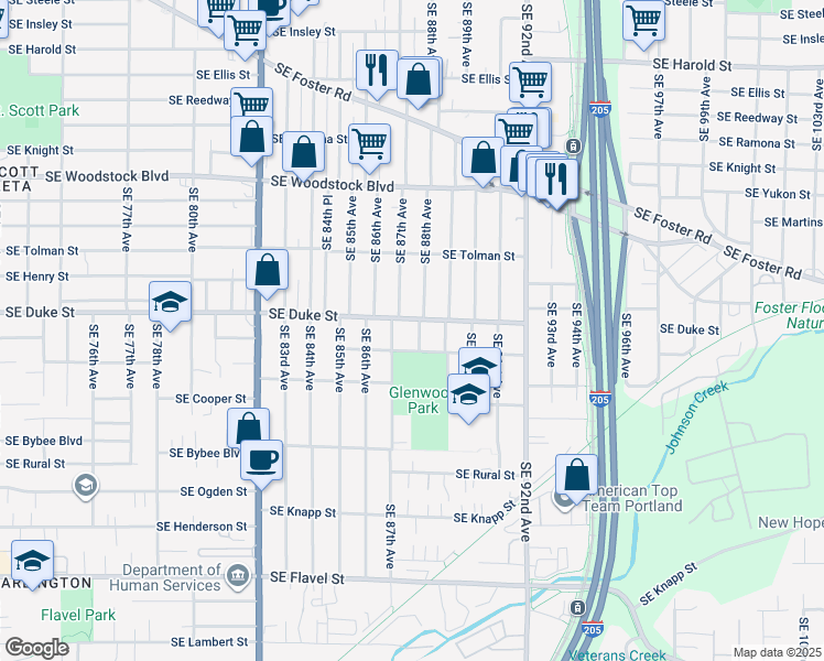 map of restaurants, bars, coffee shops, grocery stores, and more near 6506 Southeast 88th Avenue in Portland