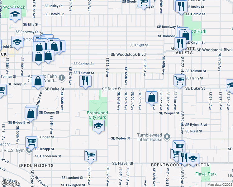 map of restaurants, bars, coffee shops, grocery stores, and more near 6520 Southeast 63rd Avenue in Portland