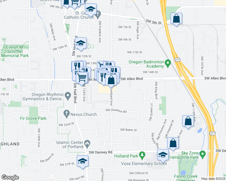 map of restaurants, bars, coffee shops, grocery stores, and more near 6145 Southwest Lombard Avenue in Beaverton
