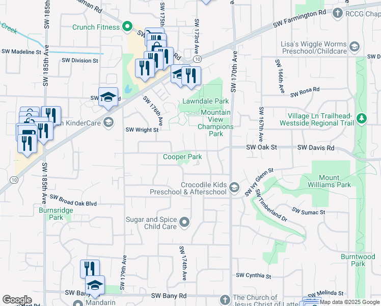 map of restaurants, bars, coffee shops, grocery stores, and more near 17270 Southwest Oak Street in Aloha