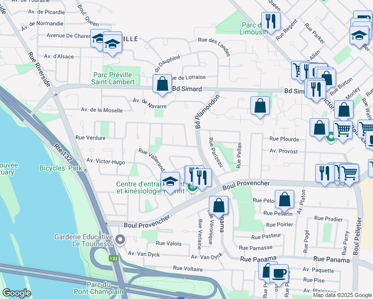 map of restaurants, bars, coffee shops, grocery stores, and more near 871 Rue Viger in Brossard
