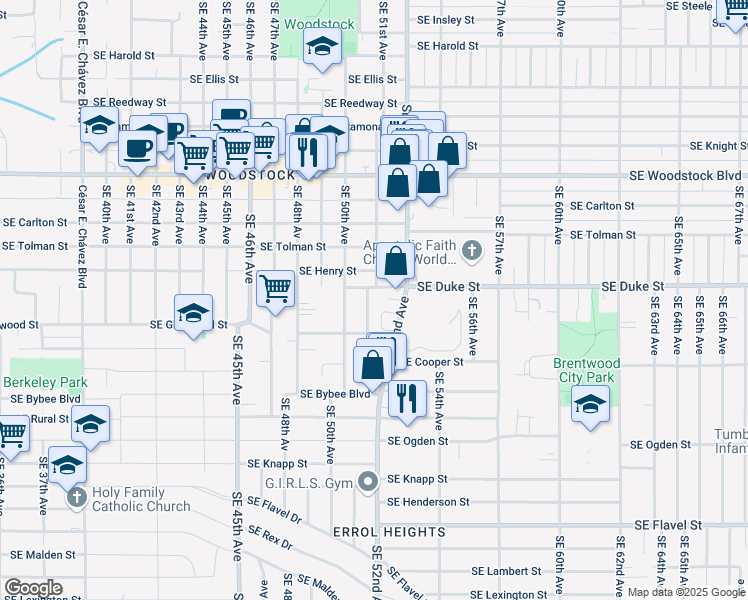 map of restaurants, bars, coffee shops, grocery stores, and more near 6536 Southeast 51st Avenue in Portland