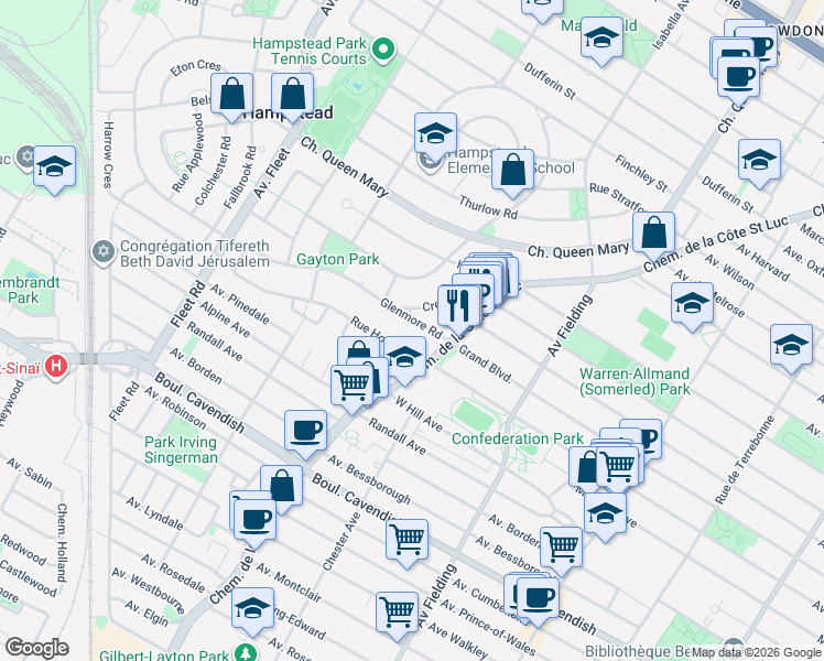 map of restaurants, bars, coffee shops, grocery stores, and more near 12 Rue Glenmore in Hampstead