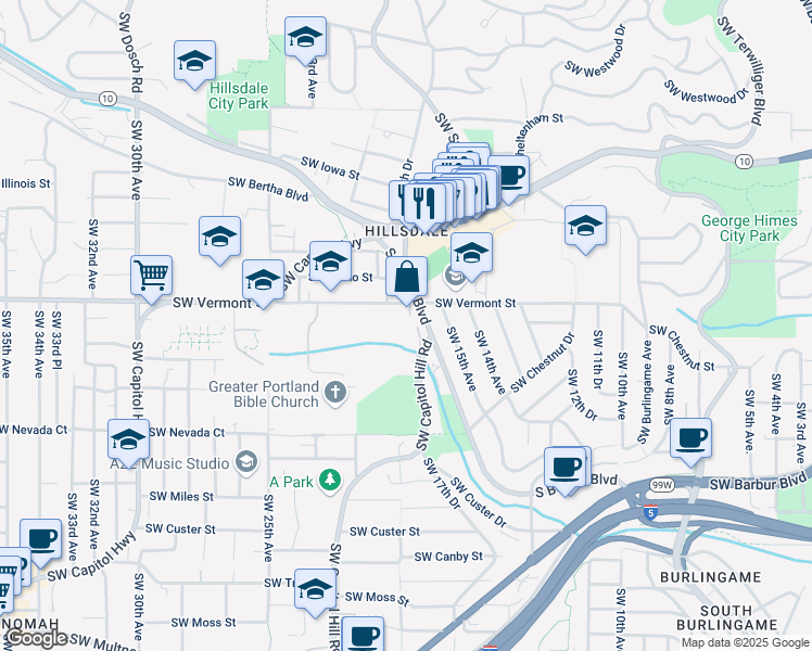 map of restaurants, bars, coffee shops, grocery stores, and more near 6835 Southwest Capitol Hill Road in Portland