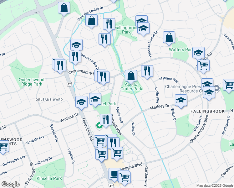 map of restaurants, bars, coffee shops, grocery stores, and more near 573 Apollo Way in Ottawa