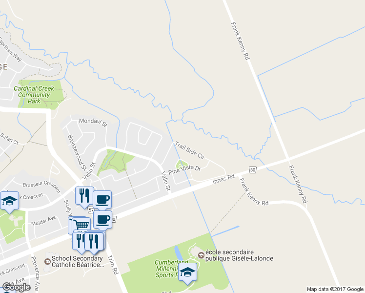 map of restaurants, bars, coffee shops, grocery stores, and more near 144 Trail Side Circle in Ottawa