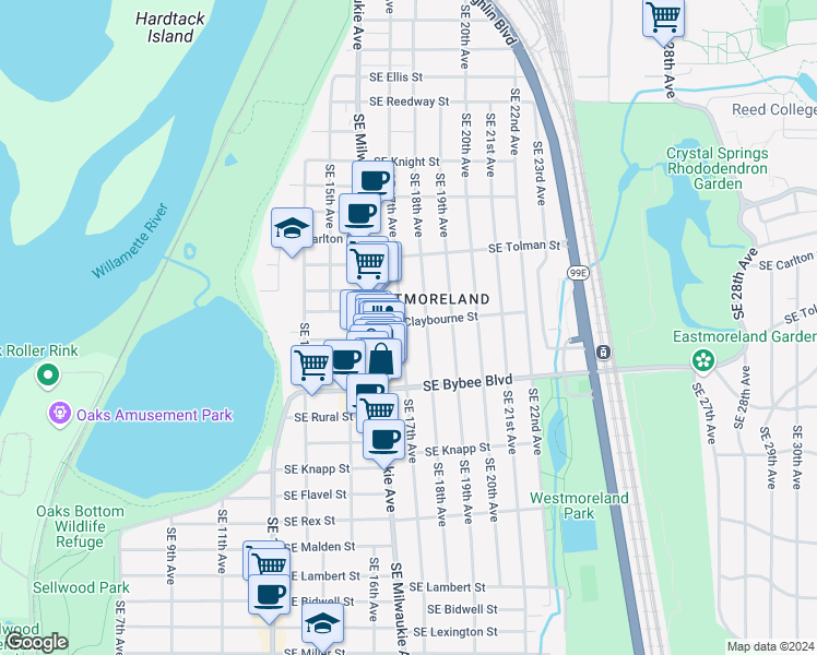 map of restaurants, bars, coffee shops, grocery stores, and more near 1708 Southeast Claybourne Street in Portland