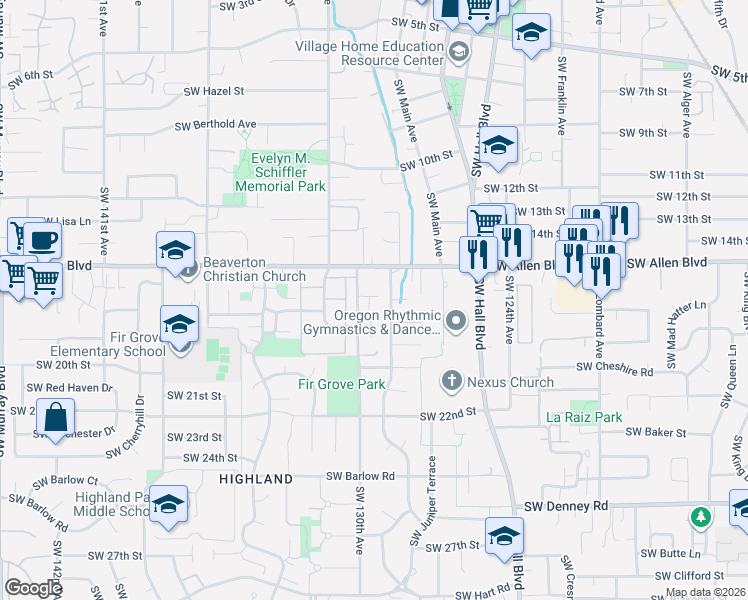 map of restaurants, bars, coffee shops, grocery stores, and more near 12920 Southwest Cherry Blossom Court in Beaverton