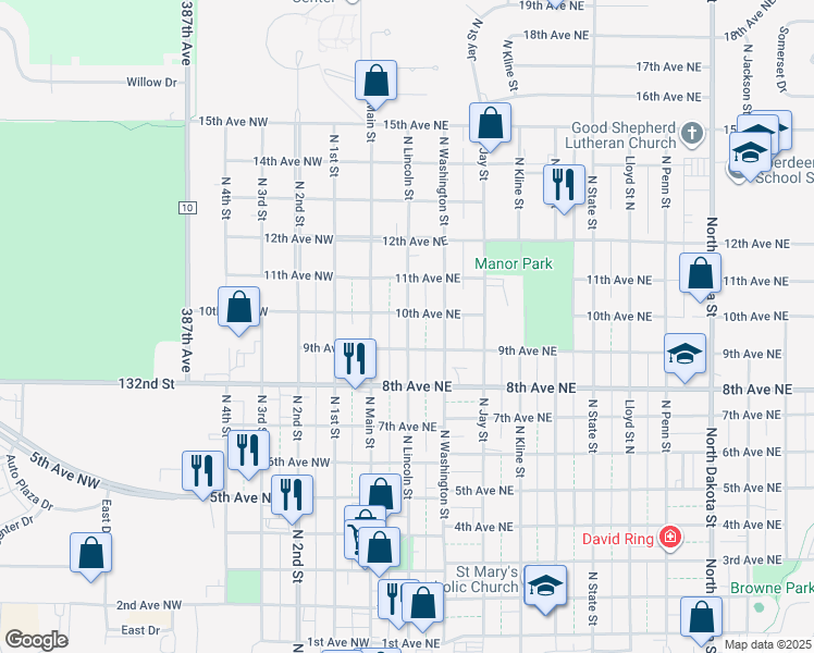 map of restaurants, bars, coffee shops, grocery stores, and more near 923 North Lincoln Street in Aberdeen