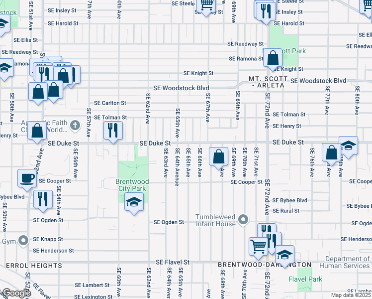 map of restaurants, bars, coffee shops, grocery stores, and more near 6523 Southeast 65th Avenue in Portland