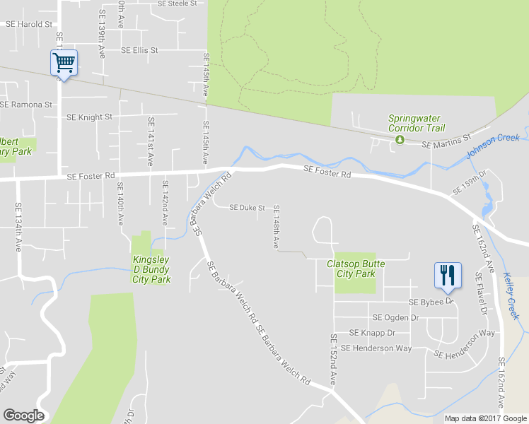 map of restaurants, bars, coffee shops, grocery stores, and more near 14736 Southeast Duke Street in Portland