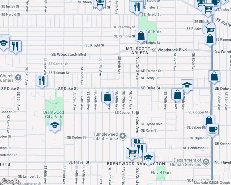 map of restaurants, bars, coffee shops, grocery stores, and more near 6520 Southeast 69th Avenue in Portland