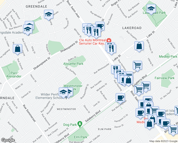 map of restaurants, bars, coffee shops, grocery stores, and more near 5 Gauthier Street in Dollard-Des Ormeaux