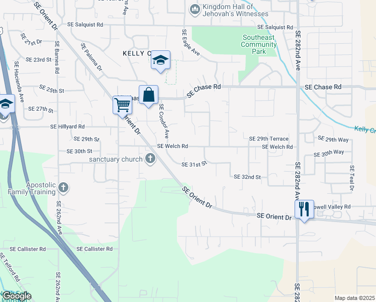map of restaurants, bars, coffee shops, grocery stores, and more near 5030 Southeast Welch Road in Gresham