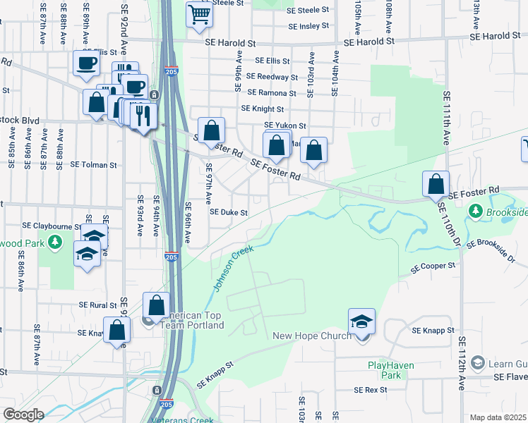 map of restaurants, bars, coffee shops, grocery stores, and more near Springwater Corridor Trail in Portland