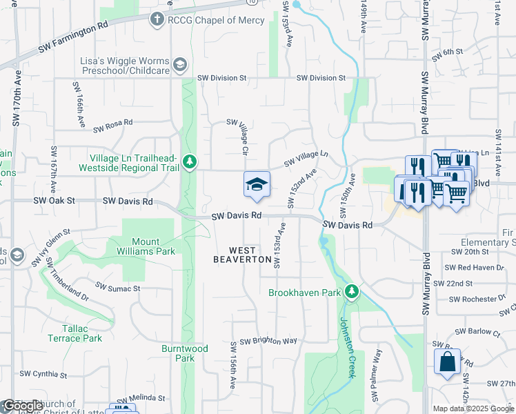 map of restaurants, bars, coffee shops, grocery stores, and more near 15555 Southwest Davis Road in Beaverton