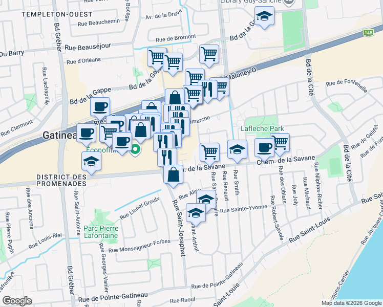 map of restaurants, bars, coffee shops, grocery stores, and more near 139 B Chemin de la Savane in Gatineau