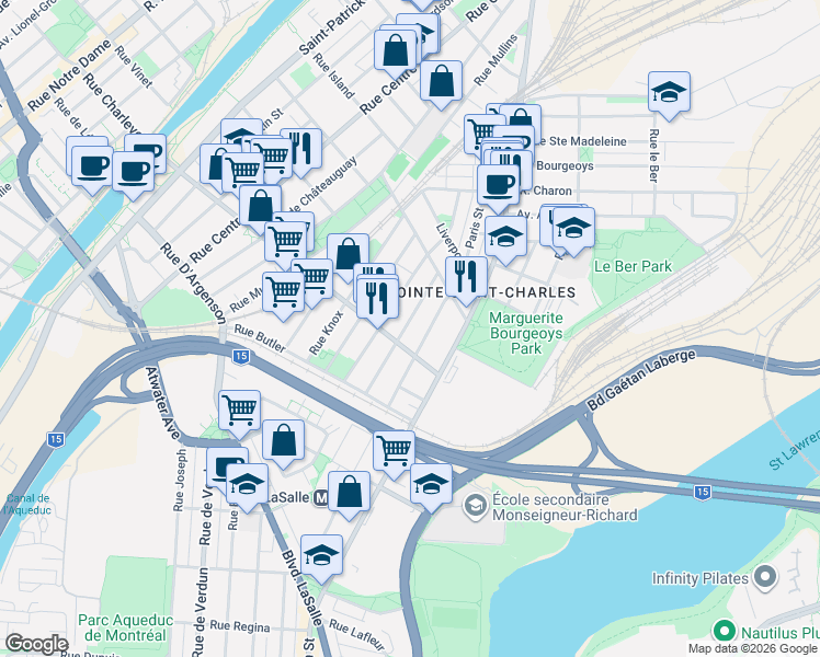 map of restaurants, bars, coffee shops, grocery stores, and more near 2452 Rue de Rozel in Montréal