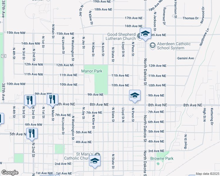 map of restaurants, bars, coffee shops, grocery stores, and more near 923 10th Avenue Northeast in Aberdeen