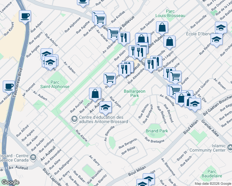 map of restaurants, bars, coffee shops, grocery stores, and more near 5673 Rue Alexandre in Brossard