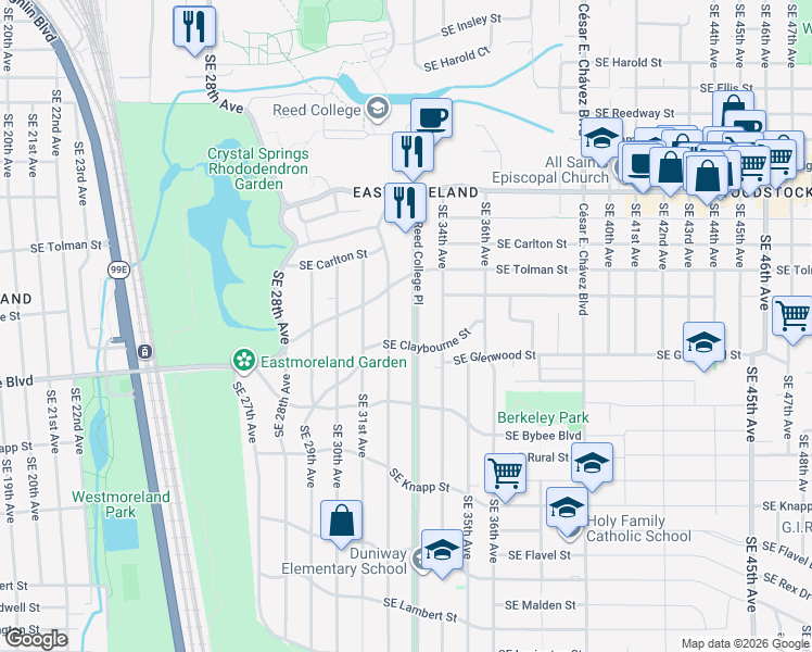 map of restaurants, bars, coffee shops, grocery stores, and more near 6523 Southeast Reed College Place in Portland