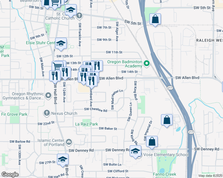 map of restaurants, bars, coffee shops, grocery stores, and more near 6195 Southwest Griffin Place in Beaverton
