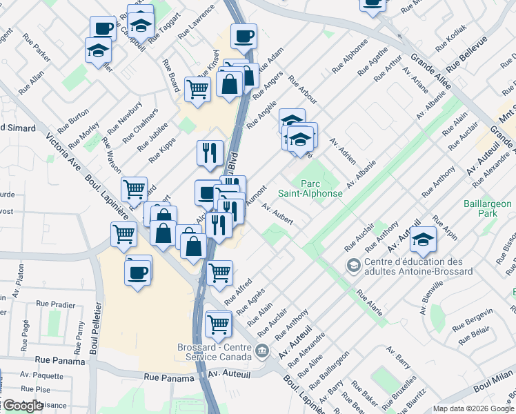 map of restaurants, bars, coffee shops, grocery stores, and more near 2475 Avenue Aubert in Brossard