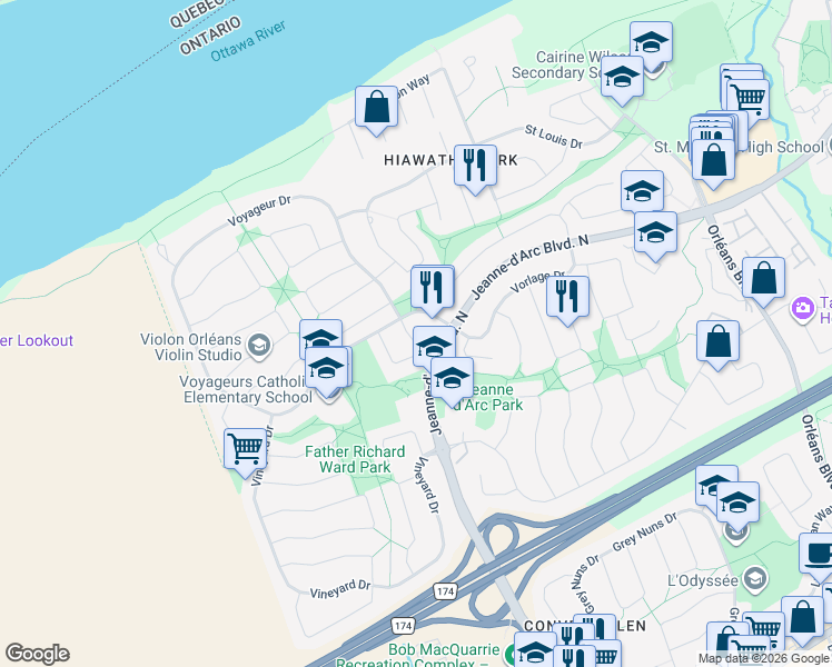 map of restaurants, bars, coffee shops, grocery stores, and more near 1144 Moselle Crescent in Ottawa