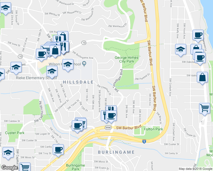 map of restaurants, bars, coffee shops, grocery stores, and more near 777 Southwest Chestnut Street in Portland