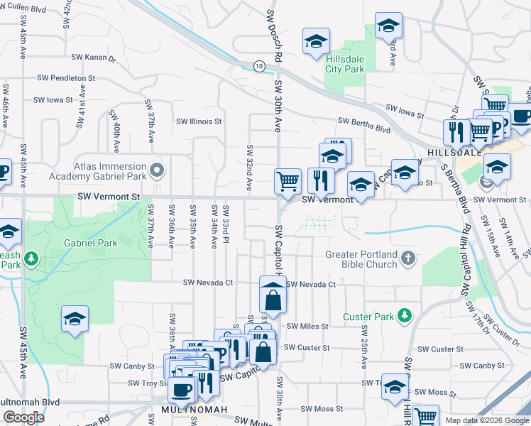 map of restaurants, bars, coffee shops, grocery stores, and more near 3038 Southwest Florida Court in Portland