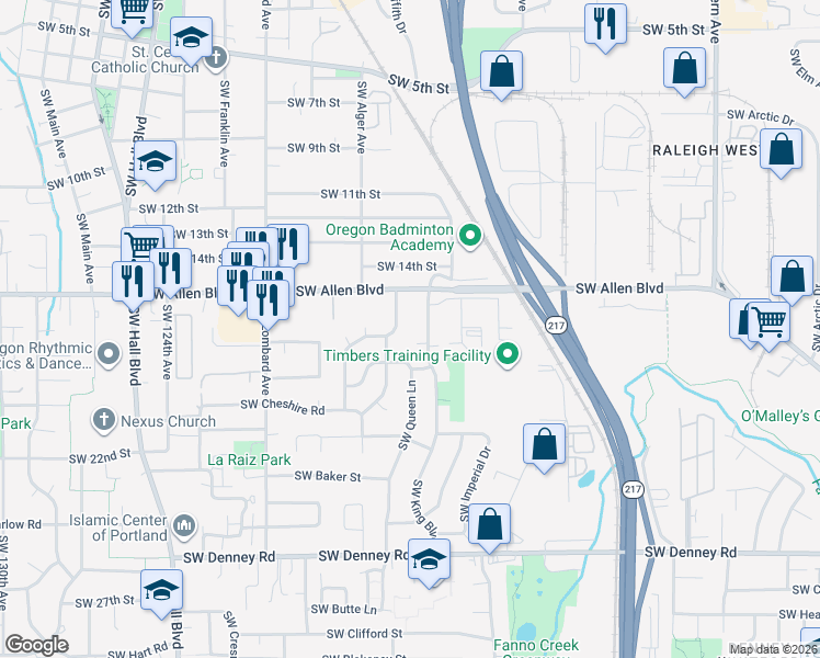 map of restaurants, bars, coffee shops, grocery stores, and more near 6150 Southwest Alice Lane in Beaverton