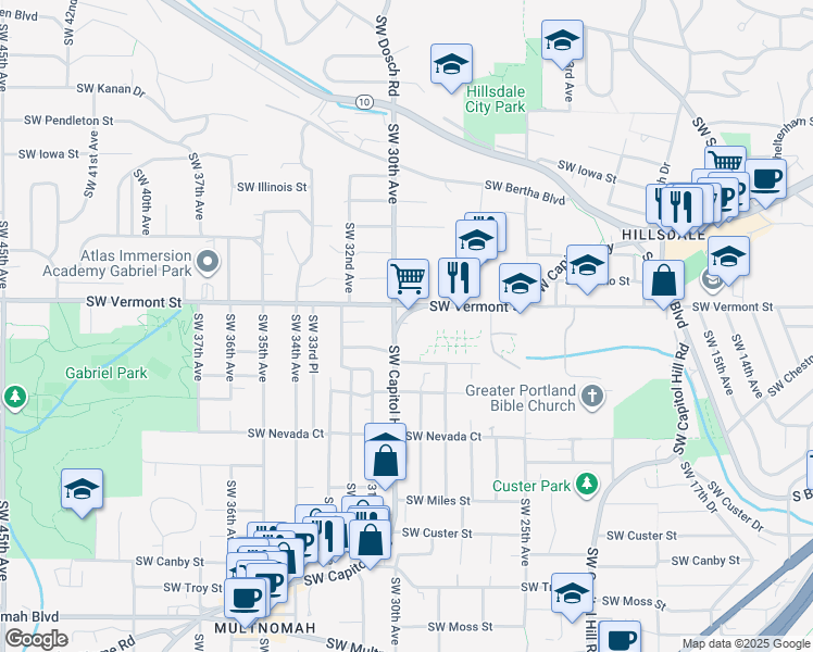 map of restaurants, bars, coffee shops, grocery stores, and more near 6740 Southwest Capitol Highway in Portland