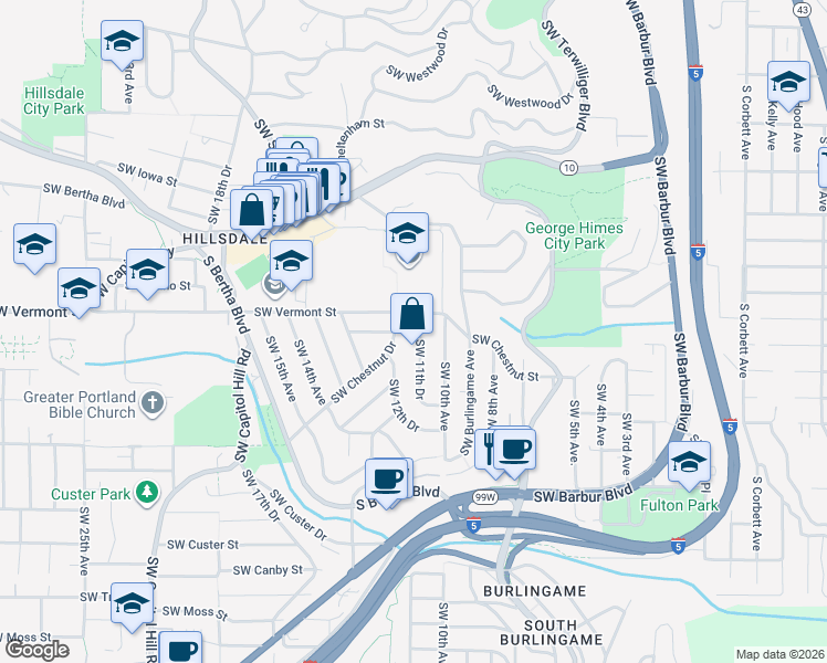 map of restaurants, bars, coffee shops, grocery stores, and more near 6731 Southwest 11th Drive in Portland