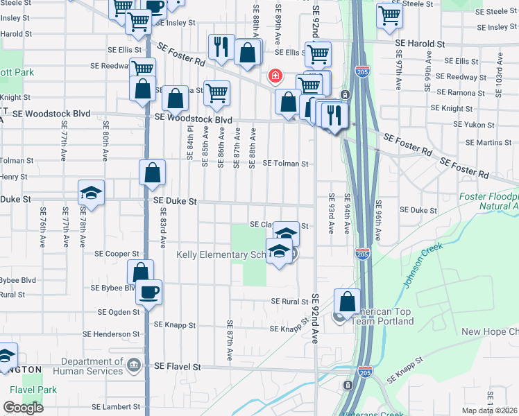 map of restaurants, bars, coffee shops, grocery stores, and more near 6506 Southeast 88th Avenue in Portland