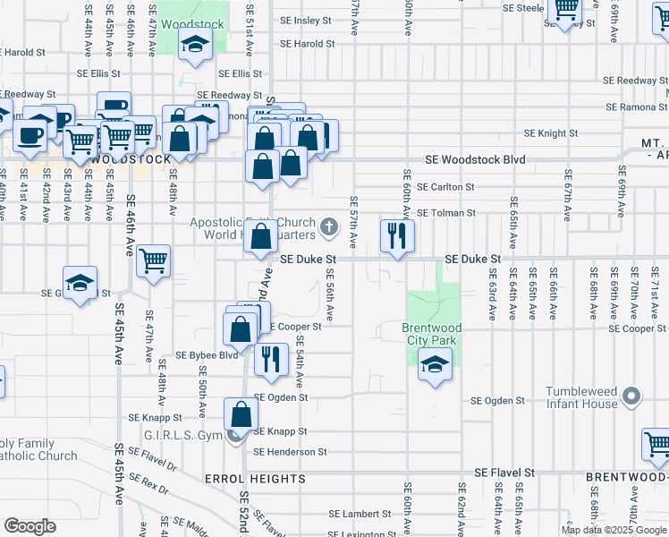 map of restaurants, bars, coffee shops, grocery stores, and more near 5620 Southeast Duke Street in Portland