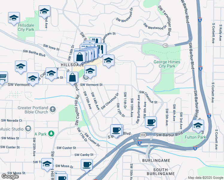map of restaurants, bars, coffee shops, grocery stores, and more near 1144 Southwest Florida Street in Portland