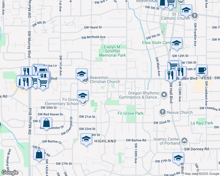 map of restaurants, bars, coffee shops, grocery stores, and more near 13397 Southwest 17th Street in Beaverton
