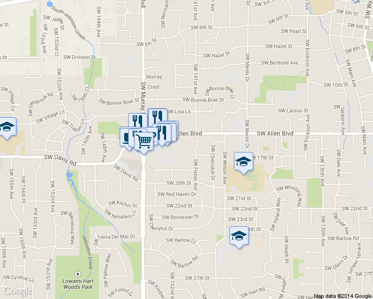 map of restaurants, bars, coffee shops, grocery stores, and more near 14186 Southwest Allen Boulevard in Beaverton