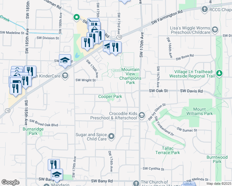 map of restaurants, bars, coffee shops, grocery stores, and more near 17270 Southwest Oak Street in Aloha