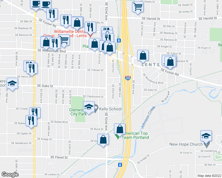 map of restaurants, bars, coffee shops, grocery stores, and more near 6523 Southeast 93rd Avenue in Portland