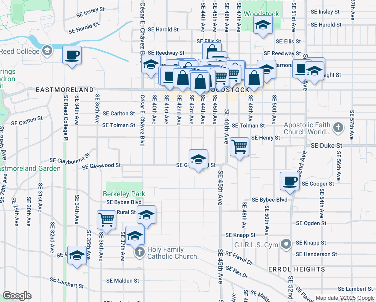 map of restaurants, bars, coffee shops, grocery stores, and more near 6521 Southeast 43rd Avenue in Portland