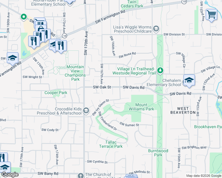 map of restaurants, bars, coffee shops, grocery stores, and more near 16640 Southwest Oak Street in Beaverton