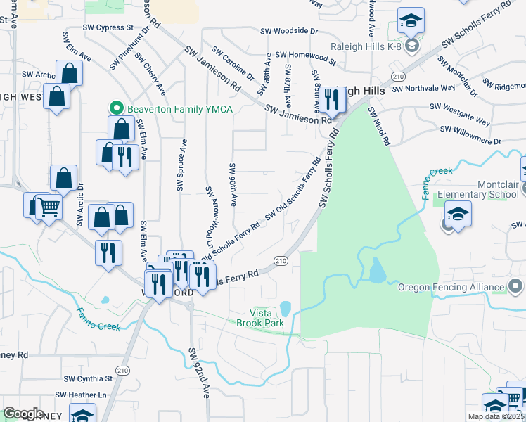 map of restaurants, bars, coffee shops, grocery stores, and more near 6185 Southwest Old Scholls Ferry Road in Portland