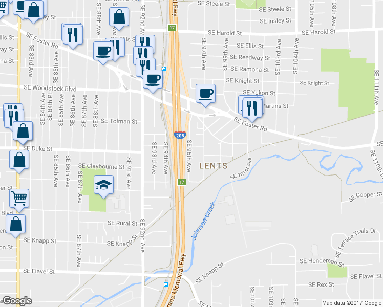 map of restaurants, bars, coffee shops, grocery stores, and more near 6524 Southeast 96th Avenue in Portland