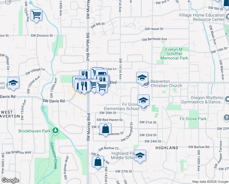 map of restaurants, bars, coffee shops, grocery stores, and more near 14186 Southwest Allen Boulevard in Beaverton