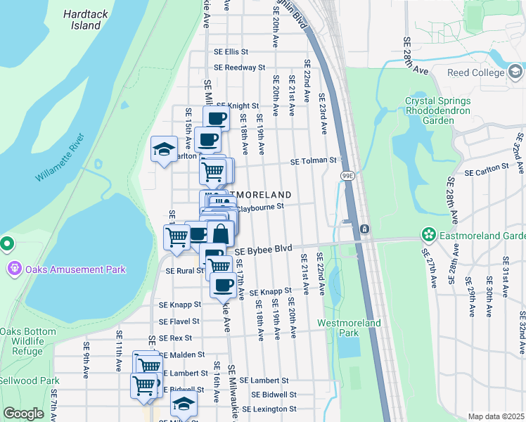 map of restaurants, bars, coffee shops, grocery stores, and more near 1830 Southeast Claybourne Street in Portland