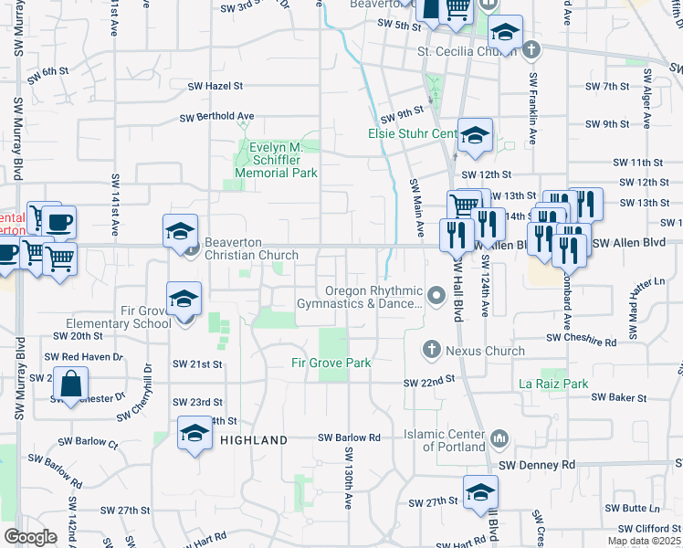 map of restaurants, bars, coffee shops, grocery stores, and more near 6125 Southwest 130th Avenue in Beaverton