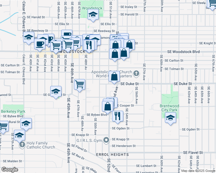 map of restaurants, bars, coffee shops, grocery stores, and more near 6520 Southeast 51st Avenue in Portland