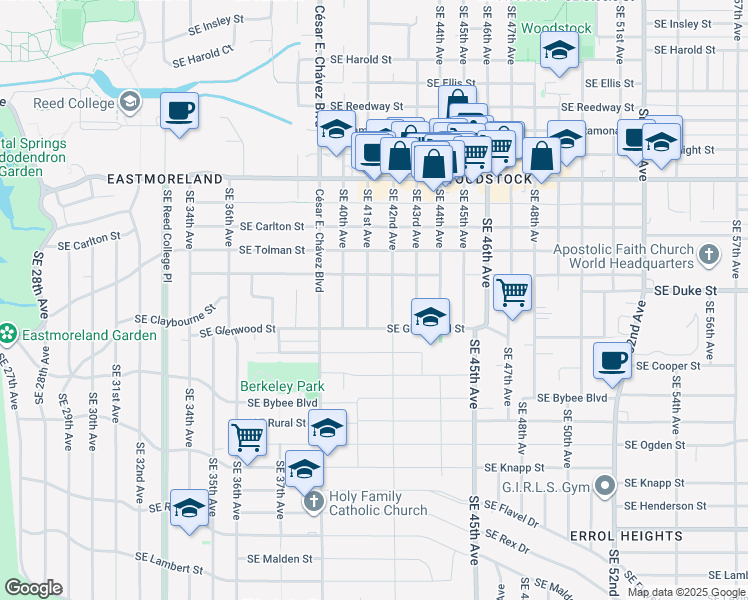 map of restaurants, bars, coffee shops, grocery stores, and more near 6520 Southeast 41st Avenue in Portland