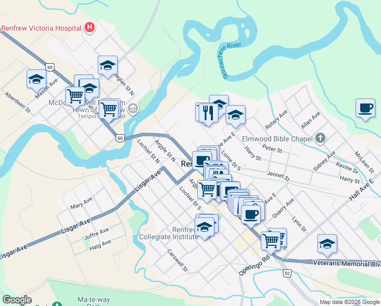 map of restaurants, bars, coffee shops, grocery stores, and more near in Renfrew